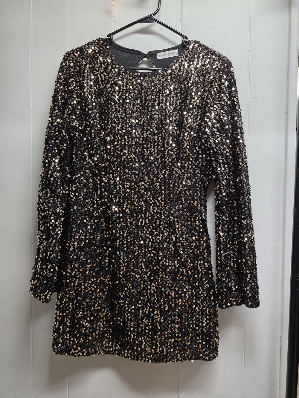 Sequin Long Sleeve Mini Dress - Black with Gold Sequins